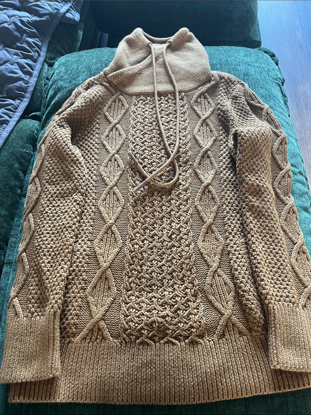Cable Knit Drawstring Turtleneck Sweater - Tan